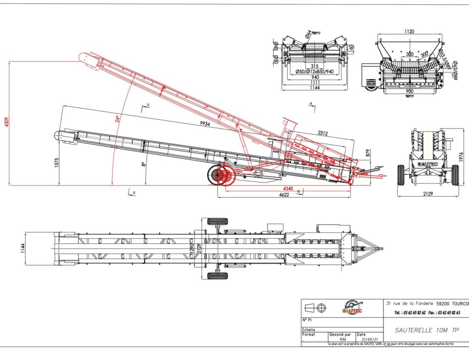 Plan 2D d'un convoyeur de chantier d'une longueur de 10m