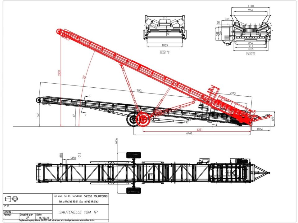 Plan 2D d'un convoyeur de chantier d'une longueur de 12m