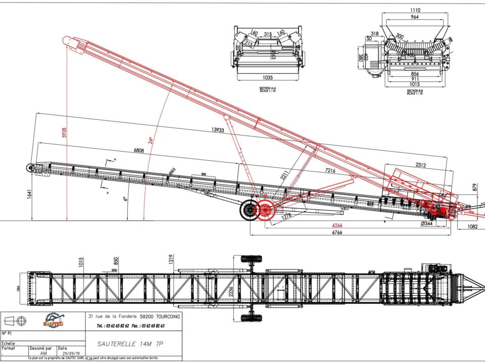 Plan 2D d'un convoyeur de chantier d'une longueur de 14m