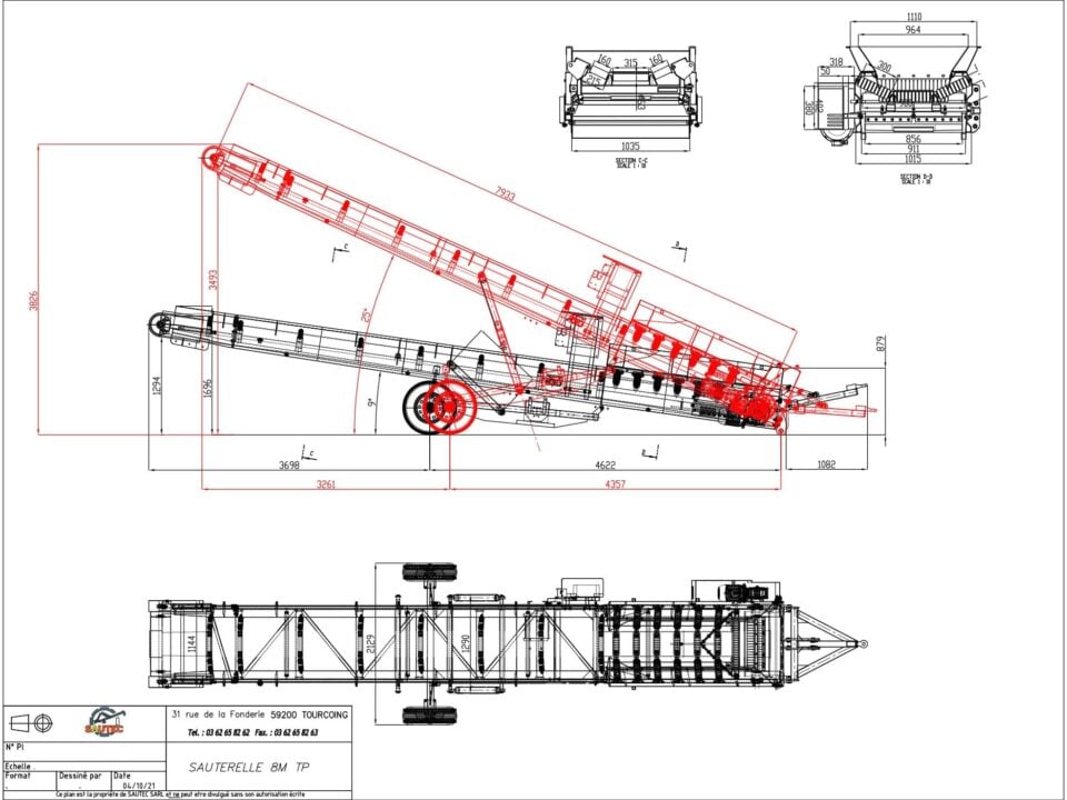 Plan 2D d'un convoyeur de chantier d'une longueur de 8m